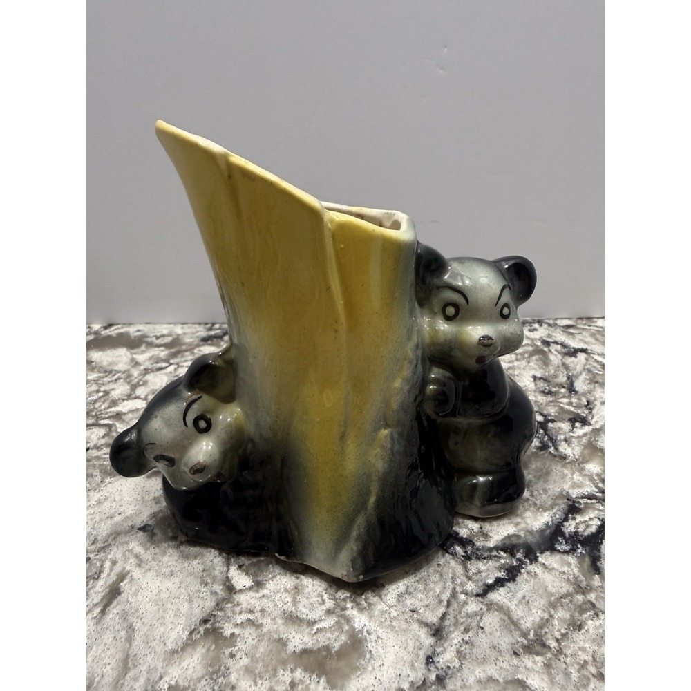 American Bisque Black Bears Tree Trunk Planter Indoor Yellow Ceramic Vintage MCM